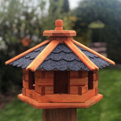 DARLUX Vogelfutterhaus M Futterstelle Sechseck Vogelhaus aus Holz Braun/Blau