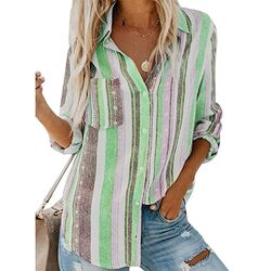 Damen Gestreift Sommershirt Hemdbluse Knopf Oberteile Freizeit Tunika Tops Bluse