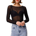 Damen Transparent Unterhemd T-Shirt Mesh Top Langarmshirt Tunika Oberteile Bluse