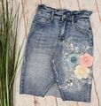 NEU ITALY STRETCH JEANS ROCK 3D BLUMEN STICKEREI PAILLETTEN FRANSEN XS 34 36