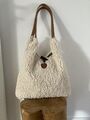 Shopper Tasche Ecru Wollweiß  Beutel NEU Damen Plüsch Teddy Hippie Tote Bag