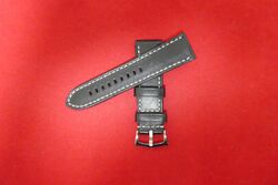 Watch strap leather 24mm lugs with silver buckles black with white thread (A32)