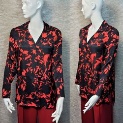 M&S AUTOGRAMM Langarm LONGLINE BLUSE ~ Größe 10 ~ ROT & SCHWARZ DRUCK