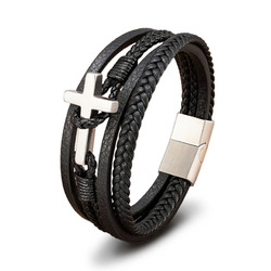 Armband Herren Leder Edelstahl Magnetverschluss Schwarz Gold Männer Modern Kreuz