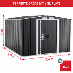 Geräte Haus Schuppen Metall Grau mit Fundament Satteldach Schiebetür + 2 HakenPremium✔M✔L✔XL✔Anthrazit✔Markenqualität✔+ 2 Haken✔Groß✔