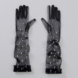Damen Ultra-Dünne Perle Spitze Handschuhe Netz Garn Lang Voll Finger #J