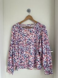 ESPRIT Damen Blusen Shirt Gr. XL Weiß Bunt Blumenmuster Ballonärmel 