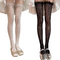 Women Flower Fishnet Thigh High Stockings Ruffle Lace Top Over Knee Long Socks