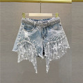 Damen Pailletten Quasten Denim Kurz Hose Perlstickerei Hohe Taille Shorts Jeans