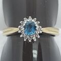 9 Karat Gelb-Weißgold Schweizer Blau Topas und Diamant Cluster Ring. Größe N.