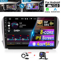 DAB+ Carplay Android 13 Autoradio 4+64GB GPS Navi für Peugeot 208/2008 2012-2018