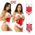 DE iEFiEL Damen Body Santa Cosplay Bodysuit Offen Schritt Stringbody Weihnachten