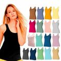 2er PACK DAMEN RUNDHALSAUSSCHNITT ÄRMELLOS DAMEN LANG STRETCH UNI WESTE T-SHIRT TOP