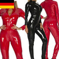 DE Damen Catsuit Ganzkörper Lack Leder Wetlook Overall Langarm Bodysuit Clubwear