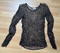 Alba Moda Netz Hemd Party Top Gr. 36 Häkeloptik Pailletten Glitzer schwarz neu