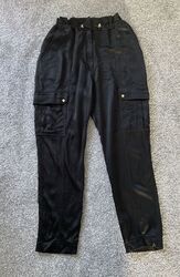 ME+EM schwarze Satinhose UK Größe 12 Cargo-Kampfhose goldene Knöpfe