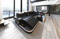 Leder Wohnlandschaft Couch LED Sofa Designer Ledersofa Schwarz Weiß Wave U Form