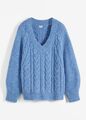 Pullover mit Zopfmuster Gr. 44/46 Blau Meliert Damen Langarm Strickpullover Neu