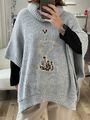 Oversized Grob Strick Pullunder Poncho Rollkragen Hellgrau One Size bis Gr 44 U2