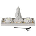 Buddha Figur Zen Garten Set mit Teelichthalter Teelichter Sand Deko Feng Shui