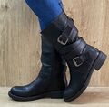 Damen Stiefel Weitschaft Boots Stiefeletten Biker Worker NEU Flach ST050 