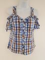 Vintage Hemd blau braun kariert Bluse Korsett schulterfrei Bayrisch Folk Gr. 10