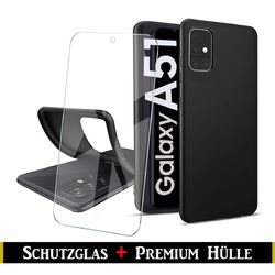 Für SAMSUNG GALAXY A51 4G - Silikon Schwarz Handy Hülle + Panzerfolie Schutzglas