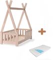 Kinderbett VITALSPA Tipi 140x70cm Holz Natur Indianderzelt mit Zaun + Matratze