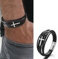 Hochwertiges Armband mit Kreuz aus Leder und Edelstahl mit Magnetverschluss