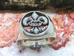 Fleur de Lys 925 Silber Ring Siegelring Gr. 70 rot Zirkonia französische Lilie