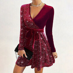 Sexy V-Neck Cocktailkleid Damen Samt Abendkleid A-Linie Partykleid Minikleid DE