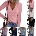 Damen Geripptes Henley Langarm T Shirt Top mit Knopfleiste Schmale Passform