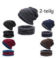 Beanie Mütze und Loop Schal Strickmütze Fellmütze Damen Herren 2 teilig warm DE