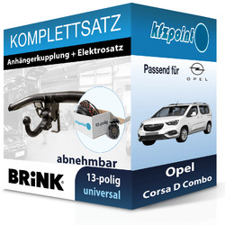 Für Opel Corsa D Combo 12- BRINK Anhängerkupplung abnehmbar + 13polig E-Satz AHKBRINK abnehmbar 526400 & TRAIL-TEC universal WYR993213R