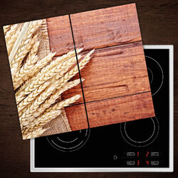 Herd-Abdeckplatte Glas Ceranfeld-Abdeckung Deko Weizen Holz Bretter - 2x30x52 cm