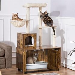 2-in-1 Katzenklo Schrank mit Kratzbaum Katzenschrank Katzenbaum Braun-Beige