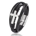 ARMBAND HERREN LEDER EDELSTAHL KREUZ MAGNETVERSCHLUSS SCHWARZ SILBER 23 CM