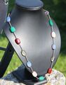 Retro Steinkette multicolor Silber 835 Collier Kette Halskette 60 cm Quarz bunt