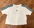 Adidas Original Damen Kurzes T-Shirt Gr. S Weiss mit Grünen Streifen Und Logo