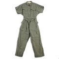 H&M Jumpsuit Damen Gr. 36 Kurzarm Overall Freizeit Gürtel Khaki Grün Lang Knopf