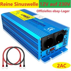 2000W 4000W Reiner Sinus Spannungswandler 12V auf 230V Wechselrichter 2AC LCD