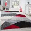 Shaggy Teppich Hochflor Langflor Weich Geometrisch Gemustert Grau Schwarz Rot