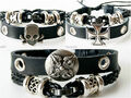 HERRENARMBAND LEDEROPTIK SCHWARZ EISERNES KREUZ TOTENKOPF GEFLOCHTEN  BRACELET 