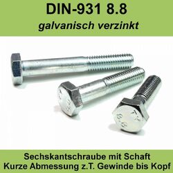 M12 DIN 931 8.8 Sechskantschrauben mit Teilgewinde Schaft verzinkte Stahl M 12 x