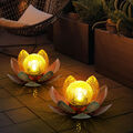 2er Set LED Solar Außen Leuchte GOLD Garten Lotus Blume Glas Kugel Deko Lampe