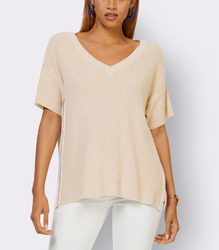 Creation L by Heine Pullover sand V-Ausschnitt Kurzarm Baumwolle 733876