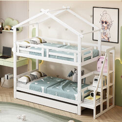 Etagenbett 90x200cm Kinderbett Hochbett mit Treppe und Ausziehbett 90x190cm Weiß