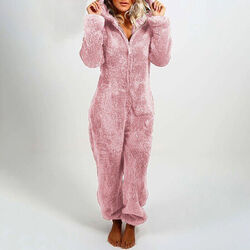 Damen Jumpsuit Winter Warm Teddy Fleece Einteiler Hausanzug M, L, Pink o. Grau