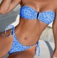 Bikini 40/42 G.L, Bandeau Oberteil, Tanga Bikini,Blau Blumen, C Oberteil-Push up