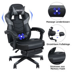 ELECWISH Massage Gaming Stuhl Bürostuhl Schreibtischstuhl Drehstuhl ChefsesselKopfstütze✅Fußstütze✅Massage-Lendenkissen✅150Kg✅90-150°